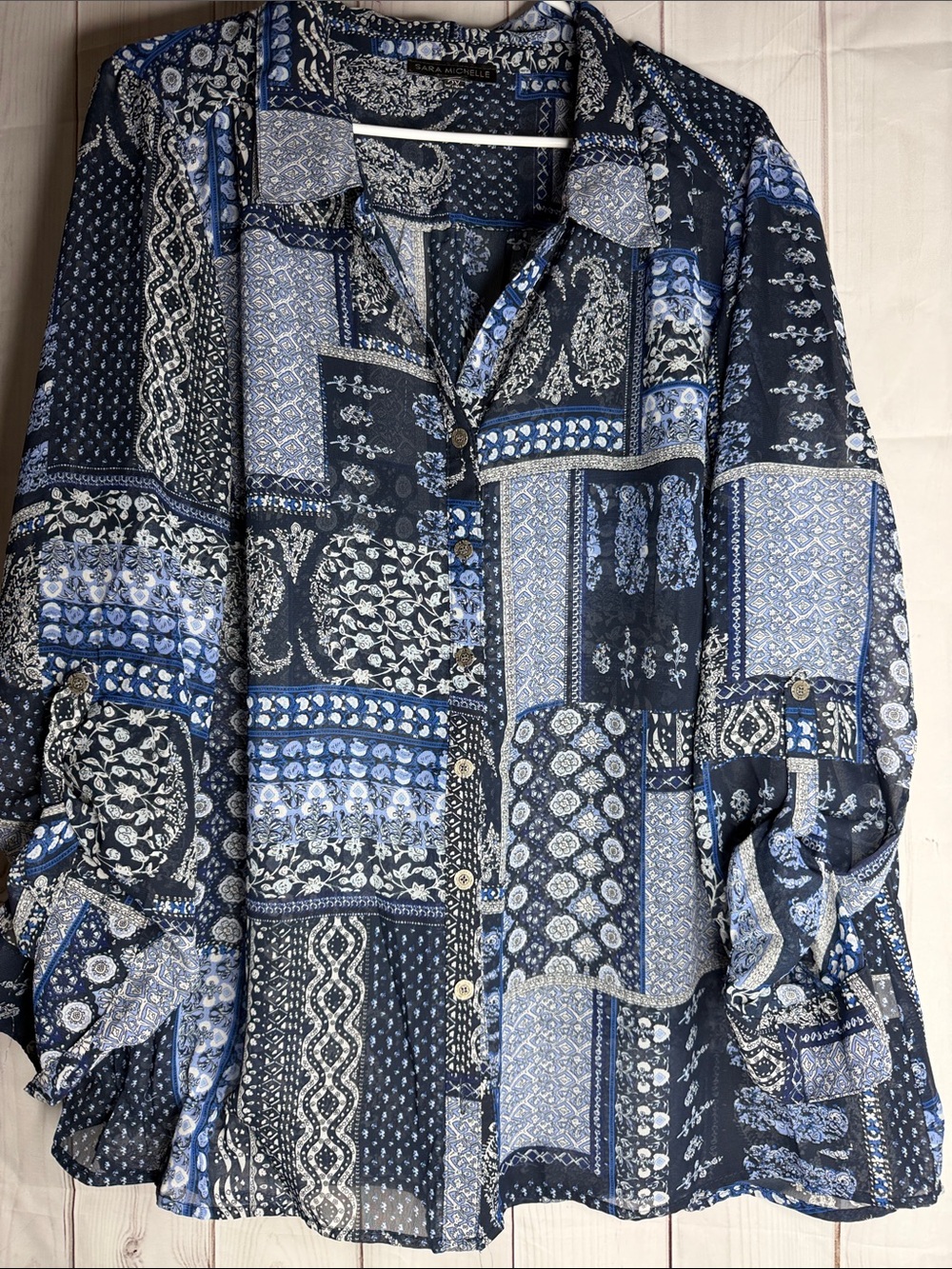 Sara Michelle Blue Patchwork Print Women's Blouse 2xl -1178